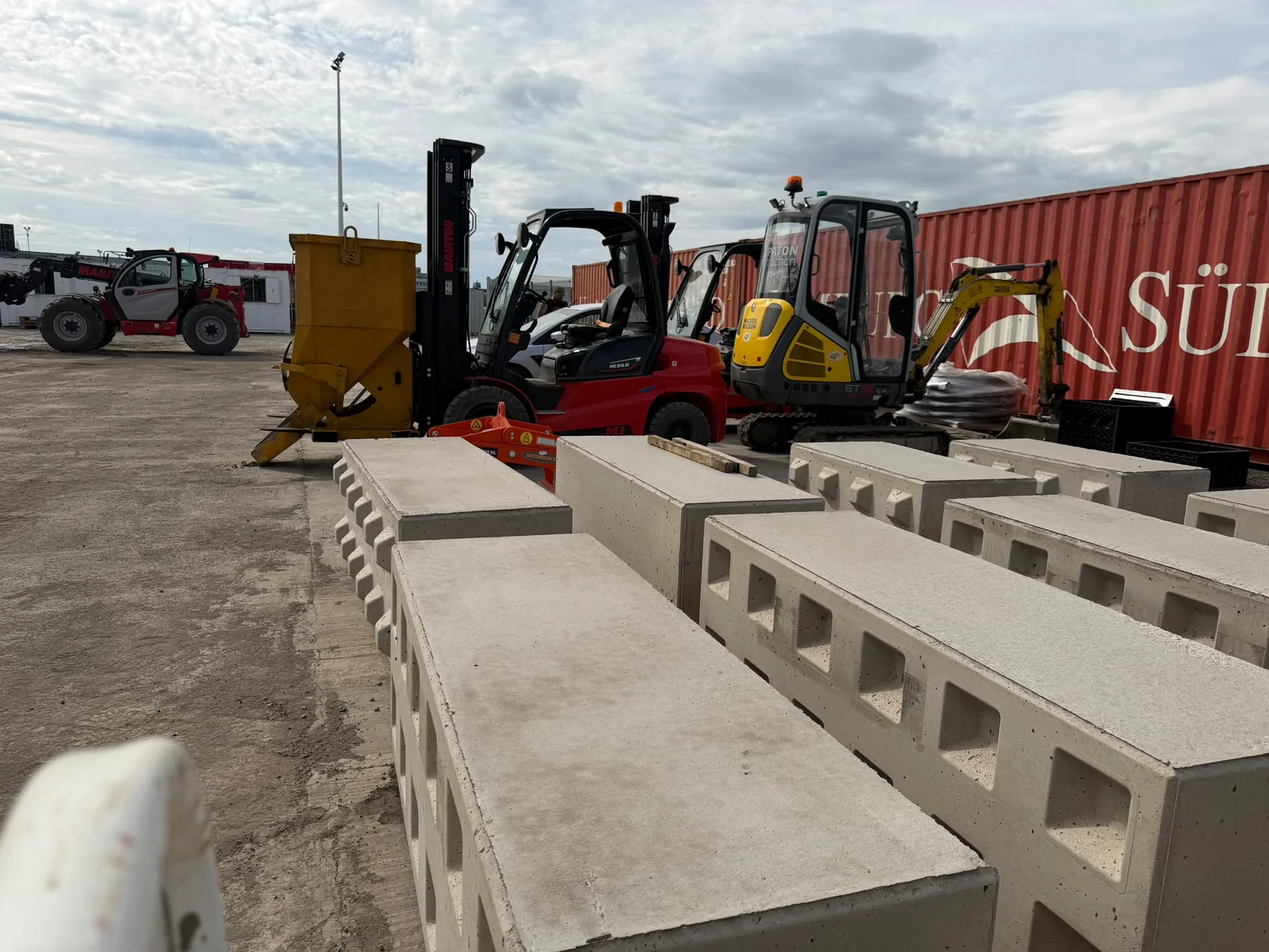 Rows of newly manufactured concrete blocks at Camps Industrial Estate