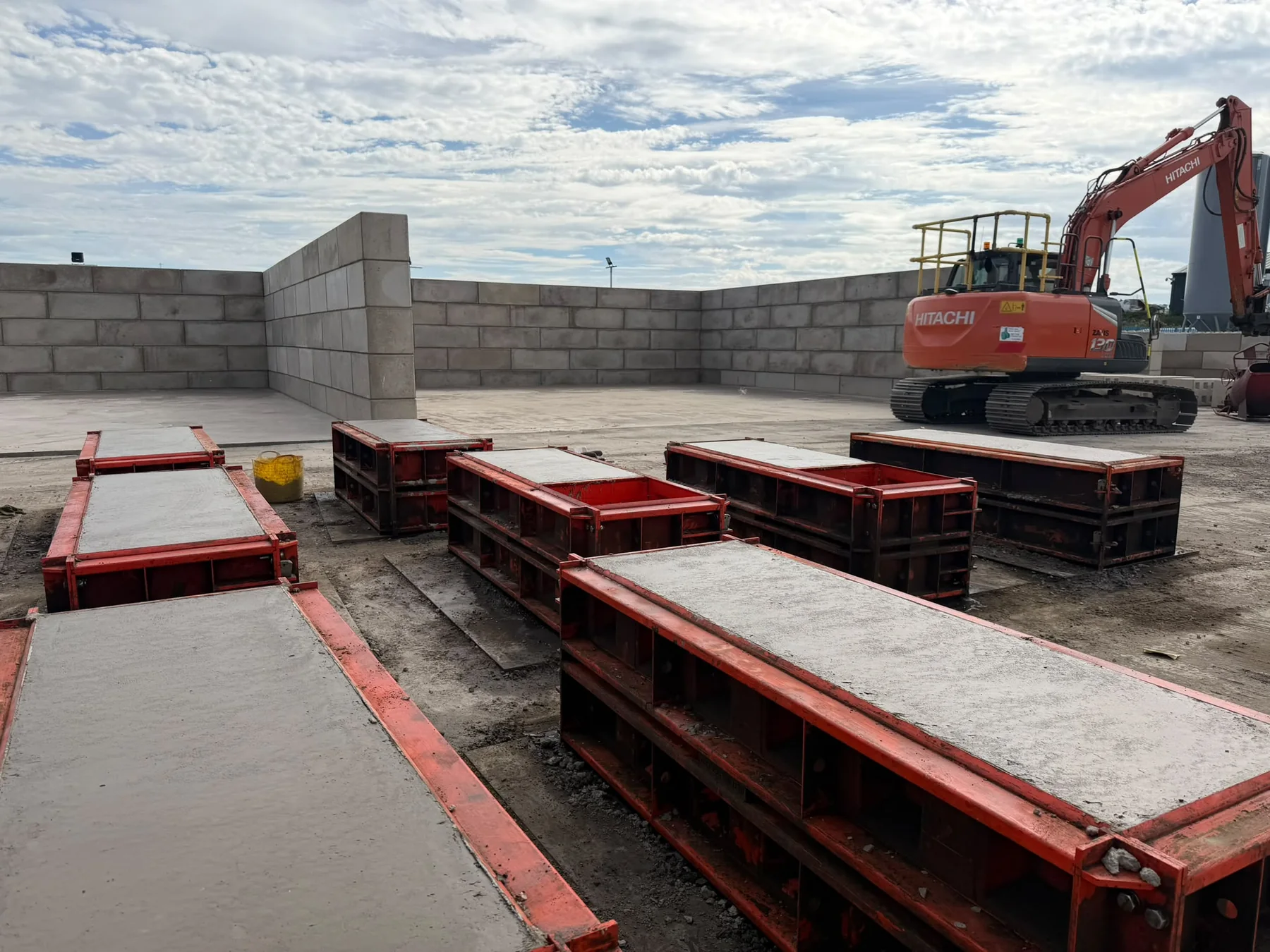 Filled moulds curing in the Bonnie Blocks yard